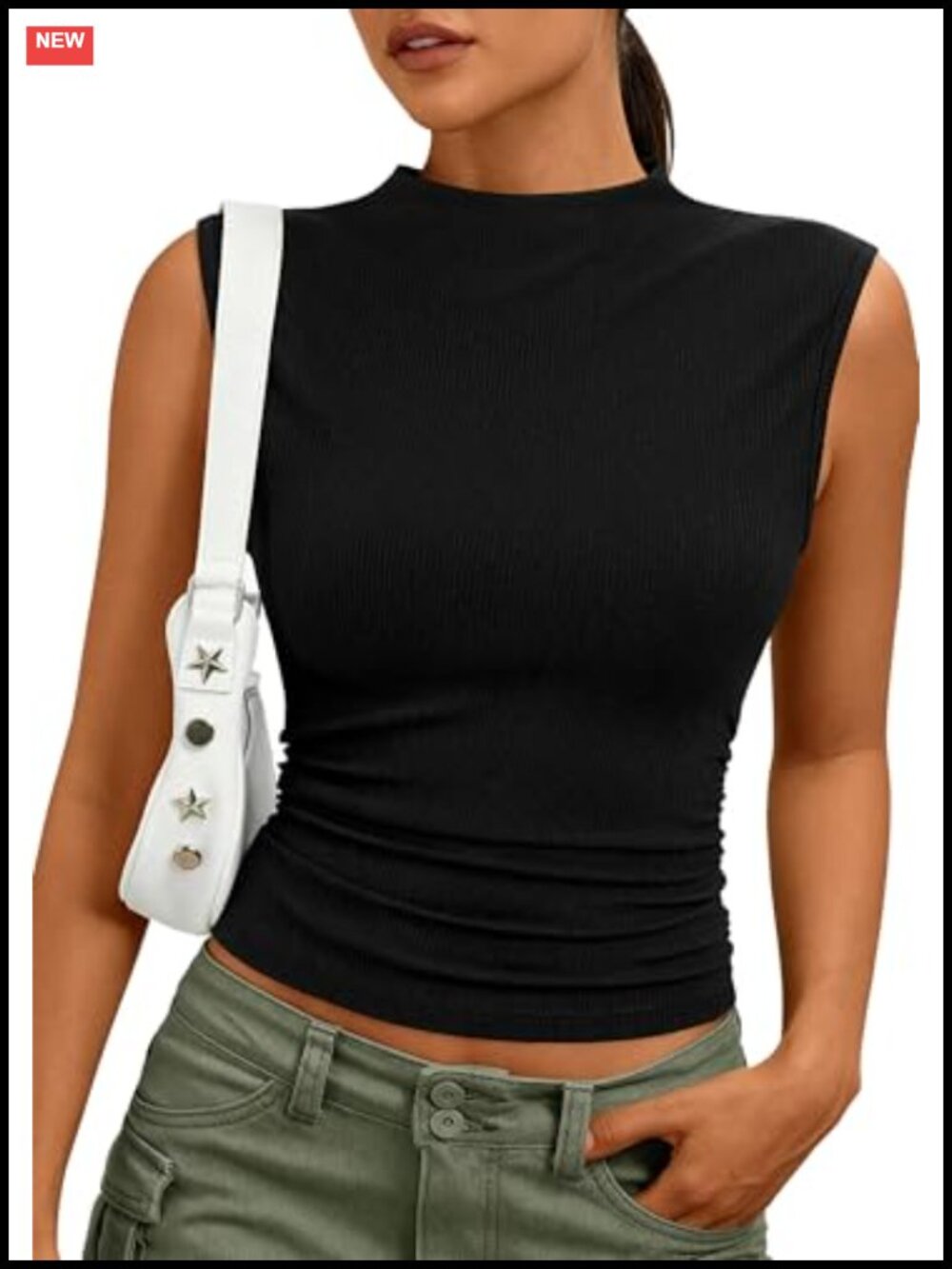 Womens Ribbed Tank Top Sleeveless Mock Neck Slim Fit
